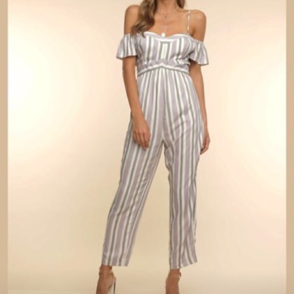 NWT FLETCH Stripped Jumpsuit with Ruffle Straps